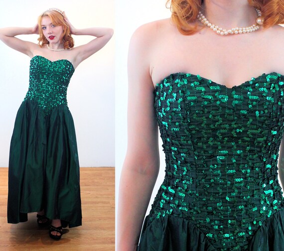 Robe bustier pailletee verte des annees 80 XS S vintage emeraude glam satin Gunne Sax Style retro princesse longue robe de bal formelle petit Etsy France