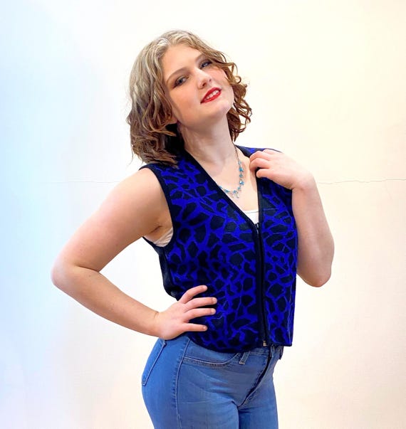 Gilet in maglia Y2K blu e nero leopardato, taglia M, modello