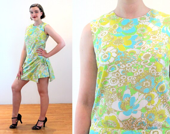 60s Floral Romper Dress S M, Vintage Green Pastel