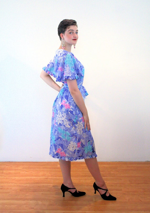 80s Angel Sleeve Floral Dress S M, Vintage Blue T… - image 2