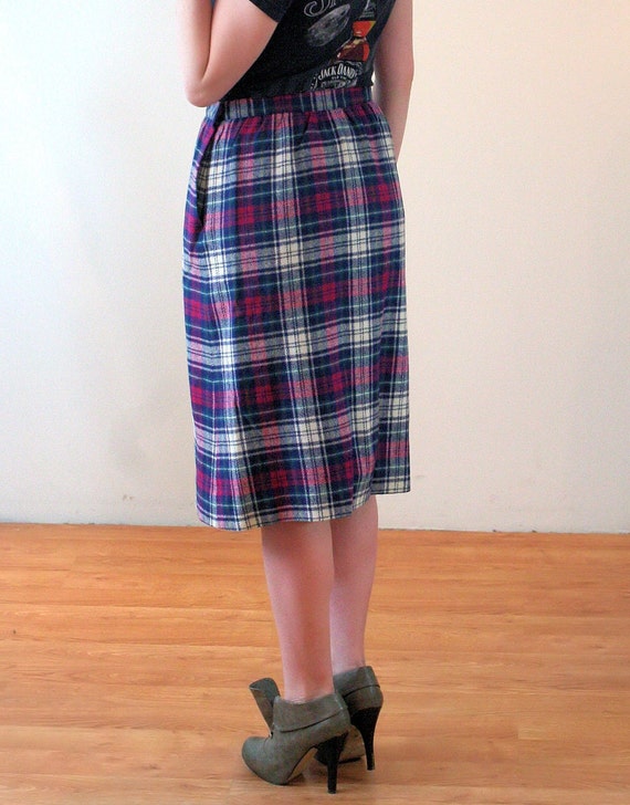 70s Pink Plaid Wool Skirt M, Vintage Fuchsia Navy… - image 3