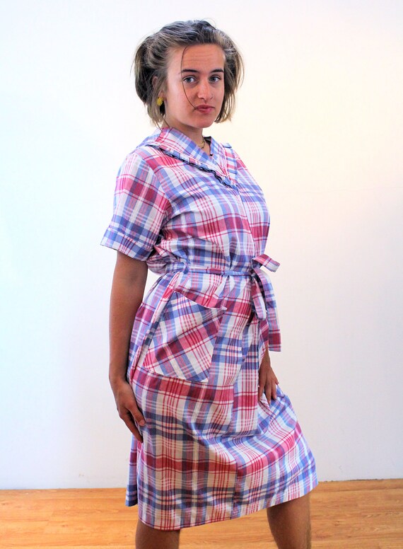 80s Plaid Housedress L, Vintage Pink Blue Zip Up … - image 4