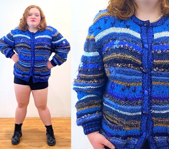 80s Wool Mohair Cardigan XXL, Vintage Blue Angora… - image 1