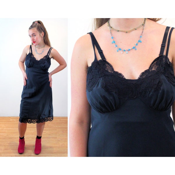 70s Black Slip Dress 36 M, Vintage Satin Chantilly Lace "Lady Lynne" 1970s Nylon Rayon Lingerie Dress Knee Length Slip, Medium