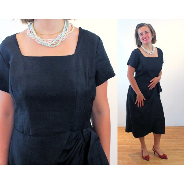 50s Black Silk Crepe Dress M, Vintage 1950s Elegant Cocktail Party Dress with Swag Hip Bow, Medium