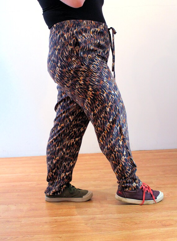90s Silk Leopard Print Pants XL, Vintage Brown Bl… - image 2
