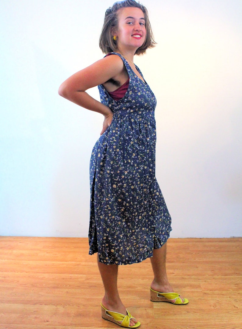 90s Floral Sundress M, Vintage Blue Rayon Erika Petites Sleeveless Boho Casual Summer Midi Dress, Medium image 2