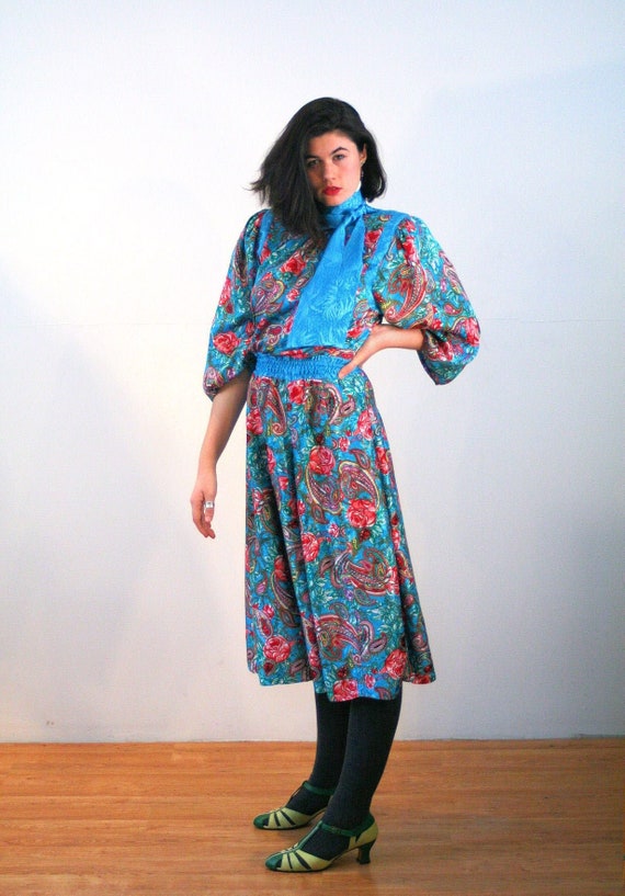 80s Diane Freis Dress M, Vintage Blue Colorful Fl… - image 2