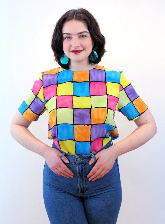 90s Checkerboard Top S, Vintage Rainbow Pastel Co… - image 5