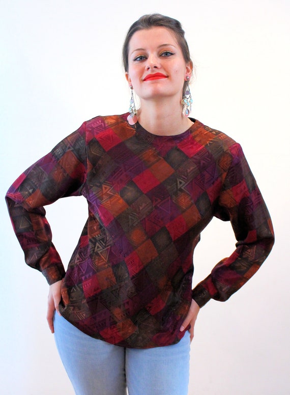 80s Iridescent Satin Top S, Vintage Red Purple Je… - image 5