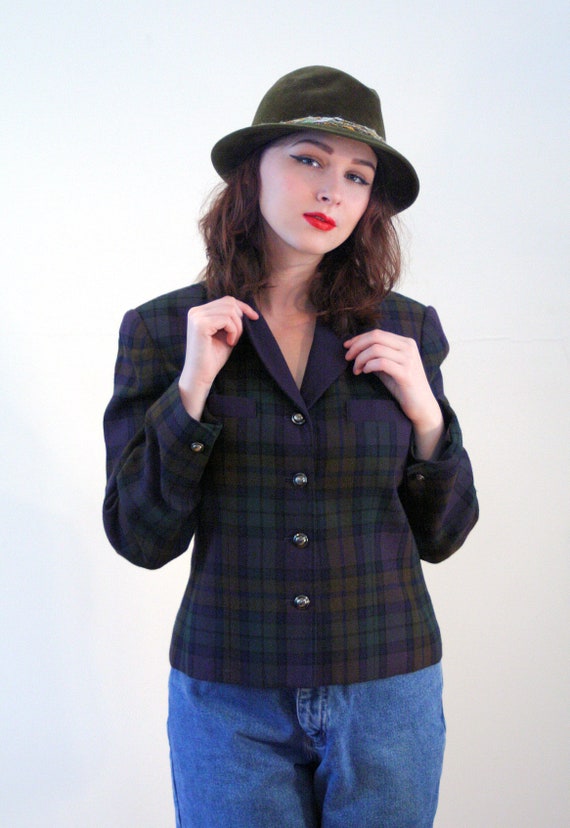 80s Boxy Plaid Jacket M, Vintage Dark Purple Gree… - image 5