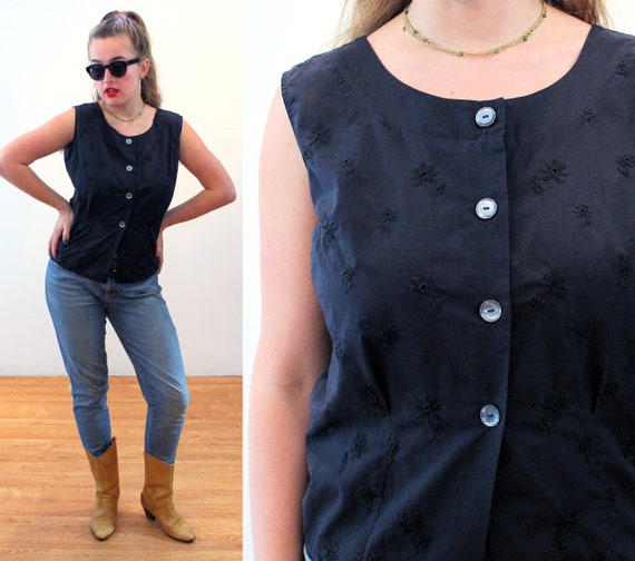 60s "Ship 'N Shore" Blouse M, Vintage Black Eyele… - image 1