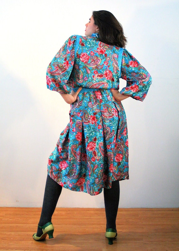 80s Diane Freis Dress M, Vintage Blue Colorful Fl… - image 3