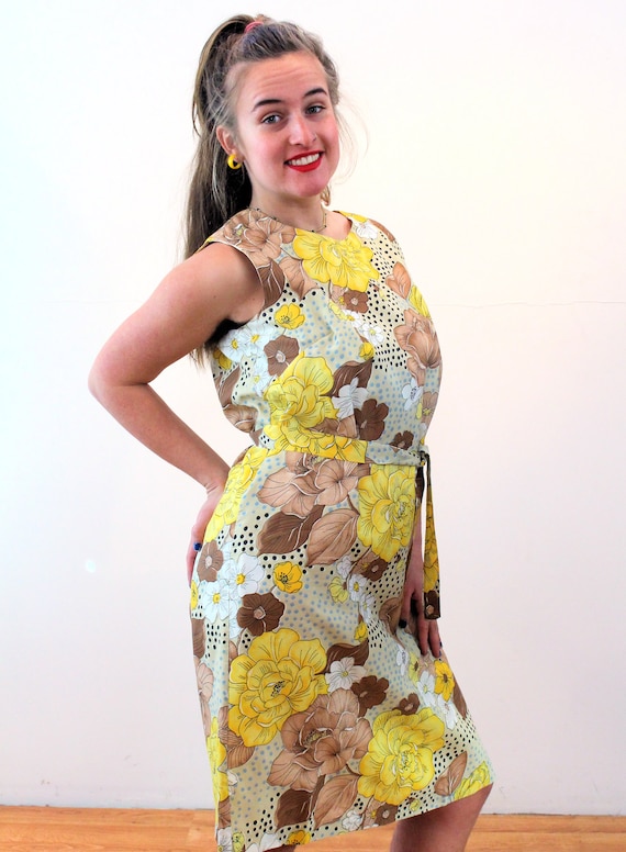 60s Yellow Floral Dress M L, Vintage Colorful Mod… - image 2