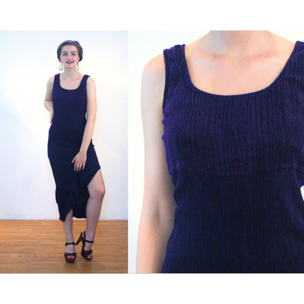 80s Chenille Crepe Dress S, Vintage Purple Soft Knit Top Slinky Bodycon Skirt "SL Fashions" Side Slit Sleeveless Tank Dress, Small