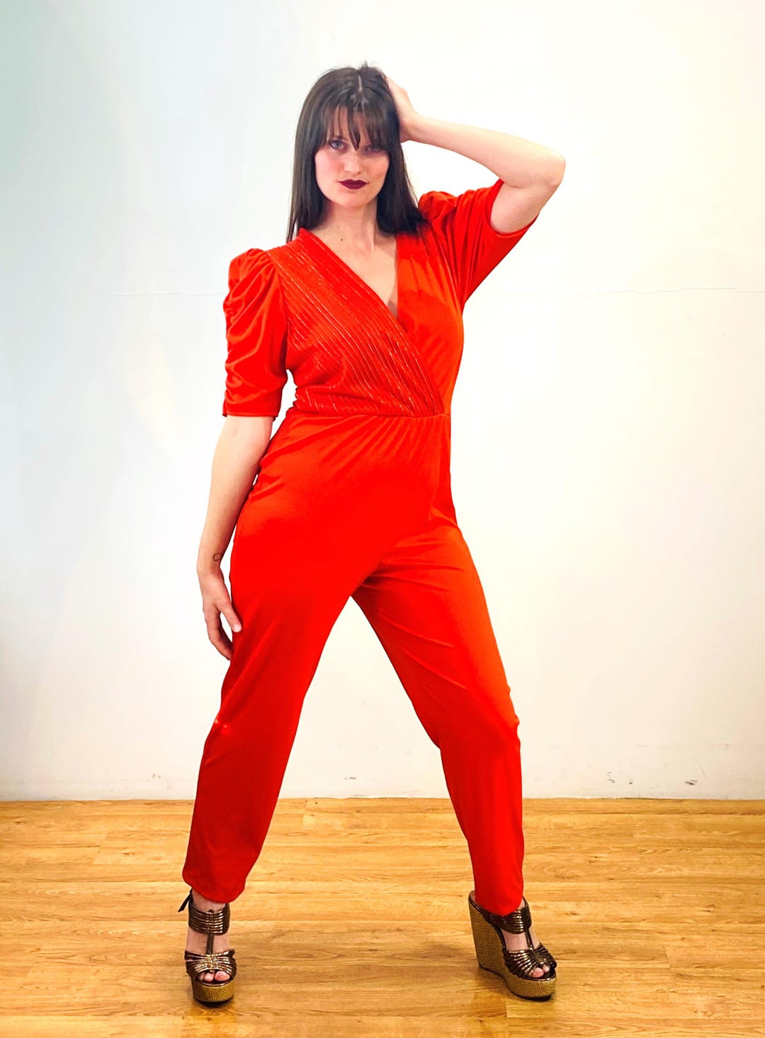 Red retro off the Shoulder pattern jumpsuit