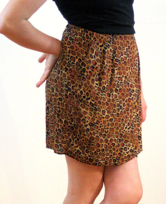 80s Leopard Print Mini Skirt S Vintage Orange Rayon carole Little