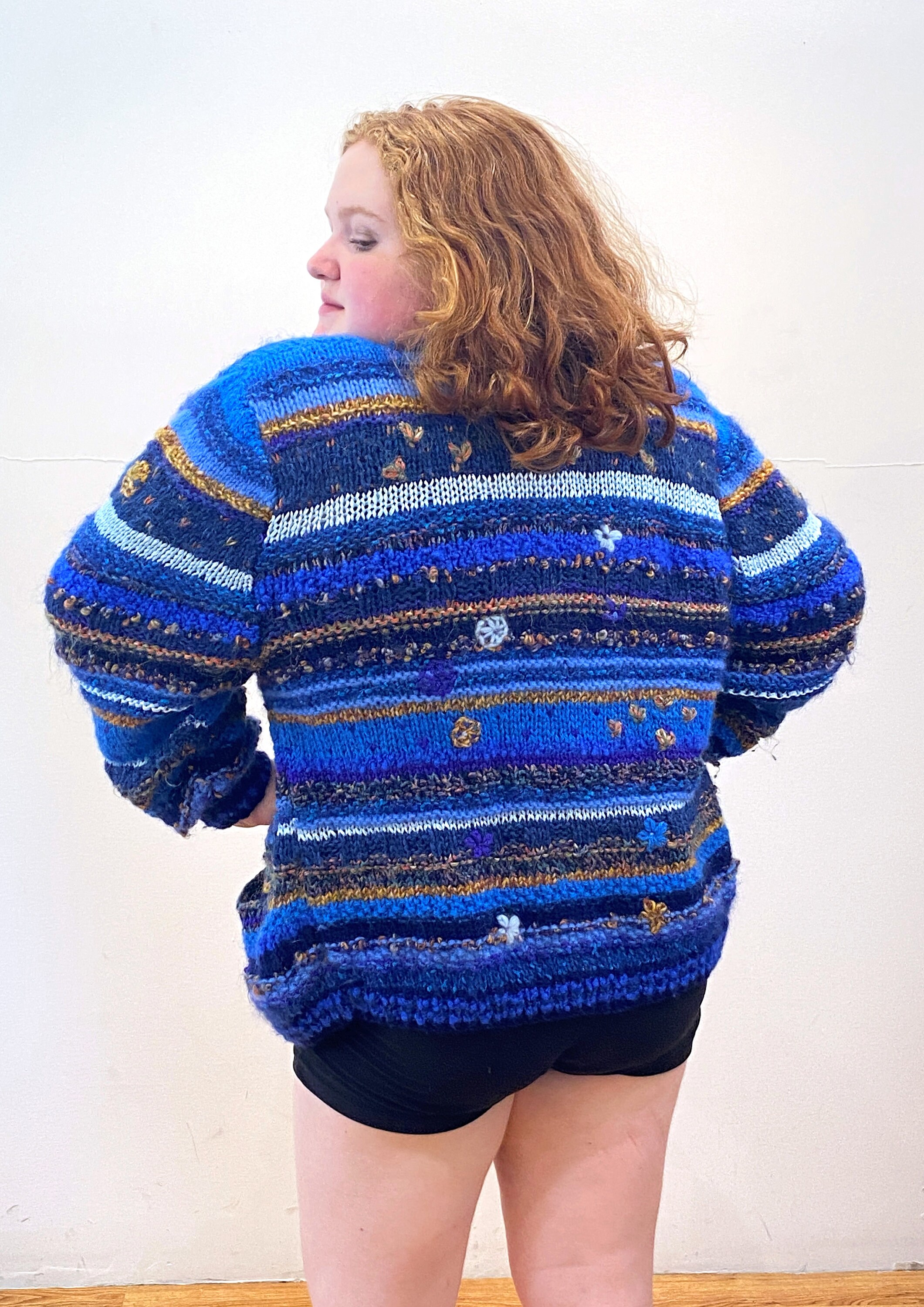 80s Wool Mohair Angora Hand Knit Cardigan XXL, Vintage Blue Purl