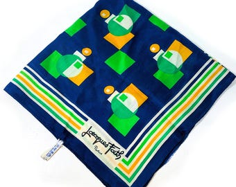 70s Jacques Fath Scarf, Vintage Op Art Mod Squares Circles Print Silk Square Designer