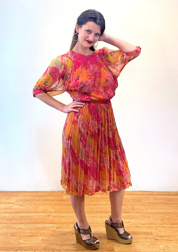 90s Vibrant Chiffon Dress S, Vintage Orange Pink … - image 4