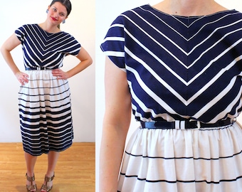 70s Chevron Striped Dress S M, Vintage Navy Blue White Nautical "Sprouts by Vicky Vaughn" Sporty Retro Cotton Midi Dress, Small Medium