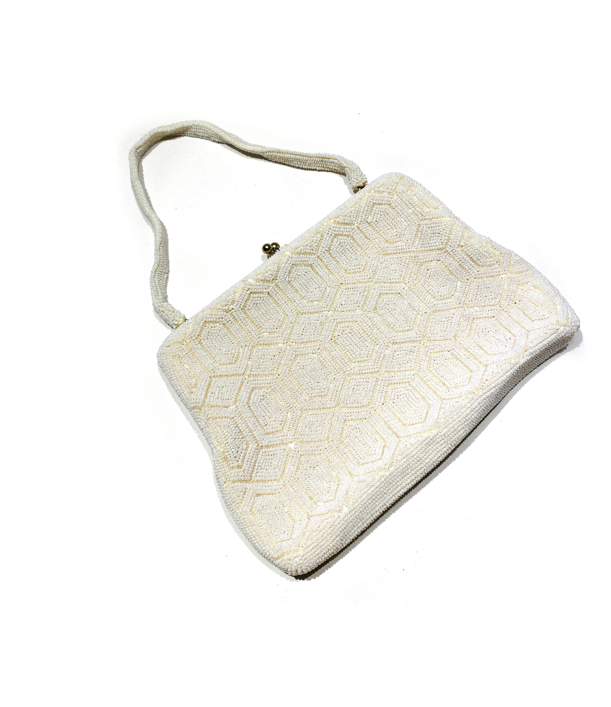 50s Walborg Bag, Vintage Beaded White Pearls Geometric