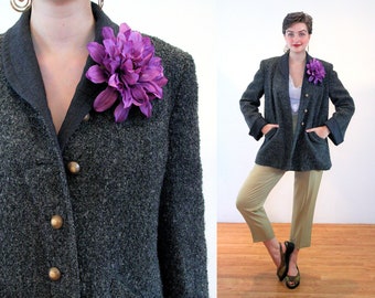 50s Boucle Swing Jacket with Big Flower Brooch L, Vintage Gray Vegan Faux Lamb Fur "Rein Mode" Swing Coat, Removable Pin, Large