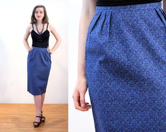 60s Blue Pencil Skirt S, Vintage Paisley Print Cotton Fitted Slim Knee Length Retro Highwaisted Skirt, Small