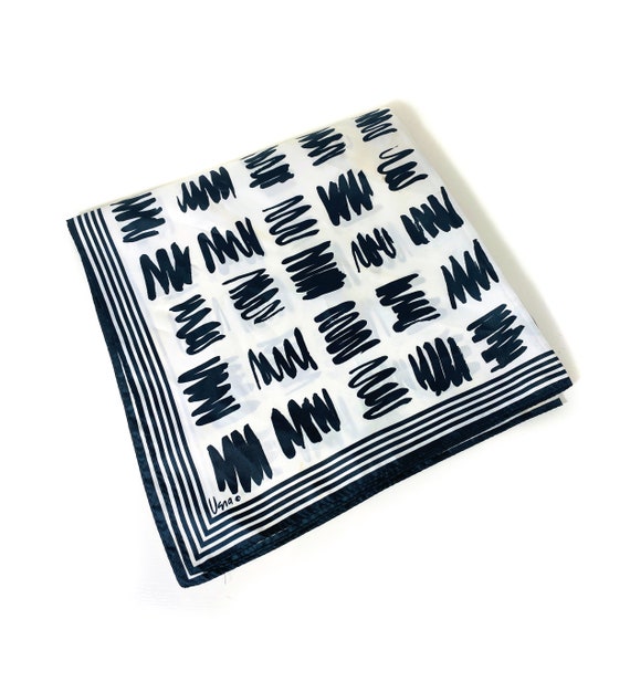 70s Vera Scarf, Vintage Black White Abstract Squig