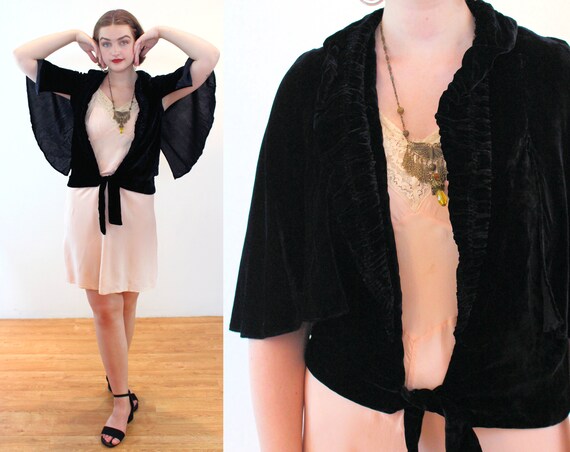 1920s Silk Velvet Cape S, Antique Tie Front Ruched