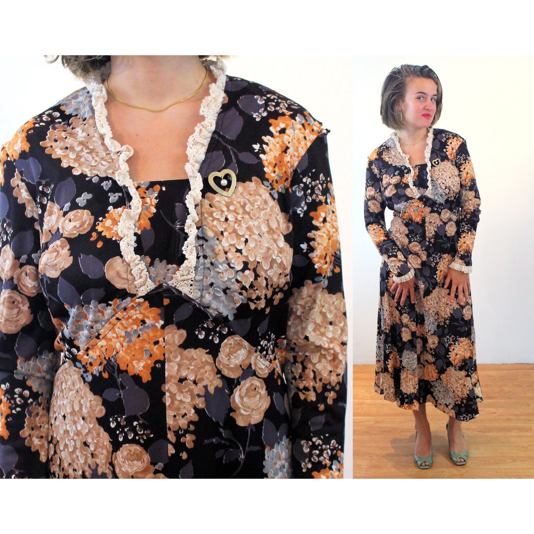 70s Floral Granny Dress M L, Vintage Brown Prairie Boho Crochet Lace