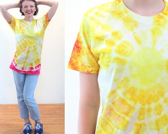 70s Yellow Pink Tie Dye T-Shirt S, Vintage 1970s Cotton "Fruit of the Loom" Colorful Boho Hippie Deadhead Tee Shirt, Small