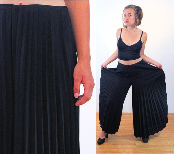 70s Palazzo Pants M, Vintage Black Alex Colman Pleated Wide Leg