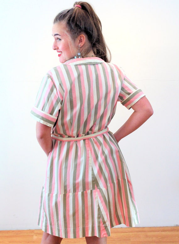 50s Striped Dress L XL, Vintage Pink Cream Olive … - image 3