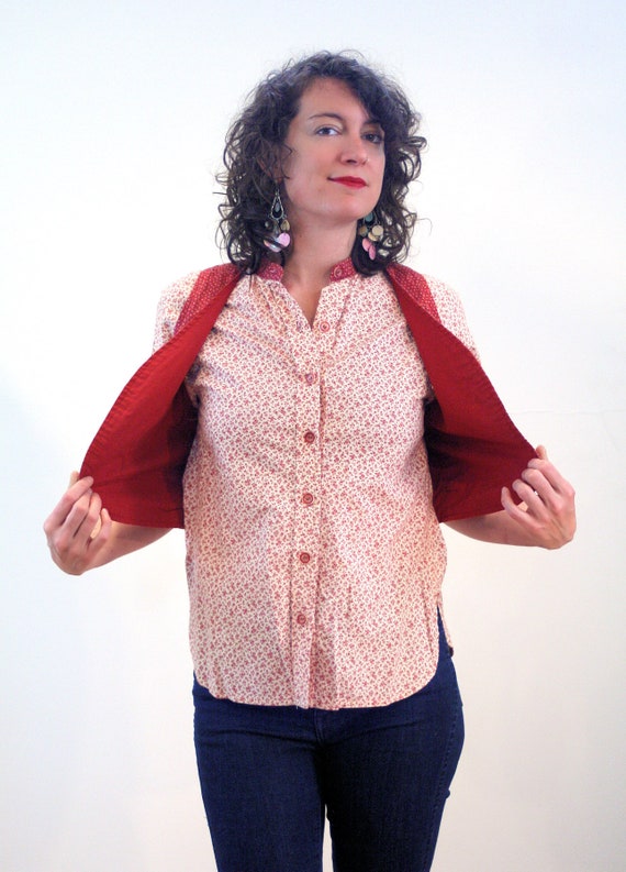 70s Calico Blouse and Vest Set S, Vintage Red Pra… - image 5