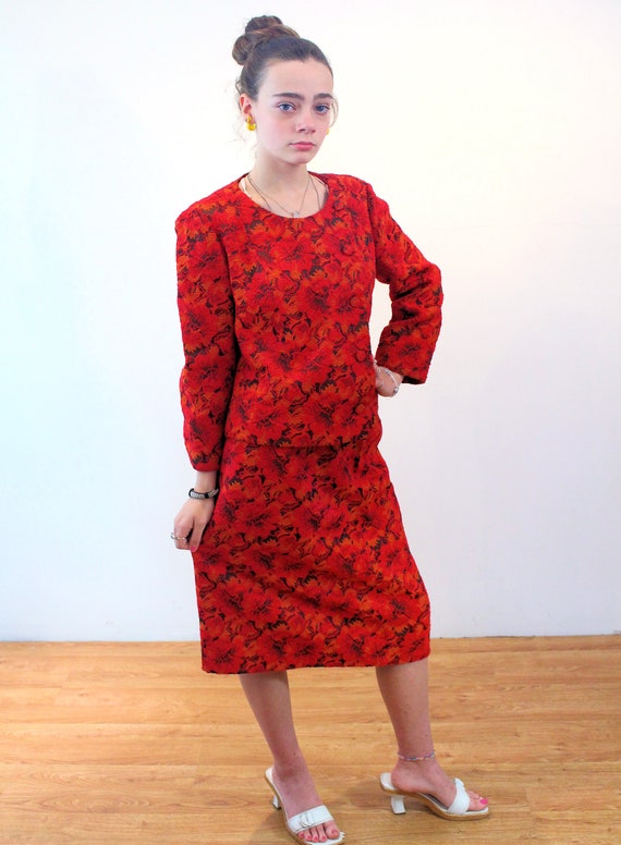 60s Red Tapestry Skirt Suit S, Vintage Orange Two… - image 4