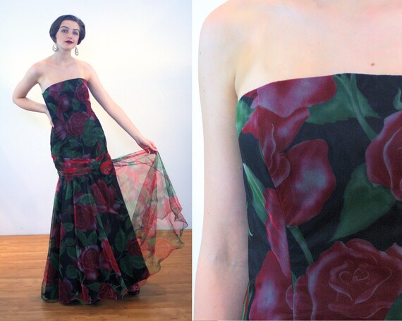 80s Strapless Floral Gown M, Elegant Rose Print Fo