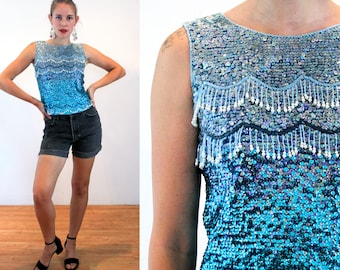 60s Turquoise Beaded Top S, Vintage Flapper Pearl Fringe Sequin Glam Iridescent Mermaidcore Hong Kong Wool Shell Blouse, Small