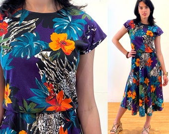 80s Tropical Floral Dress S M, Vintage Teal Purple Orange White Cheetah Print "Jessica Howard" Soft Festive Summer Dress, Small Medium Tall