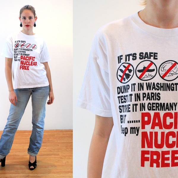 80s Pacific Nuclear Free T-Shirt M, Vintage White Red Rare Environmental Activist Anti War Protest No Nukes No Dumping Political Tee, Medium