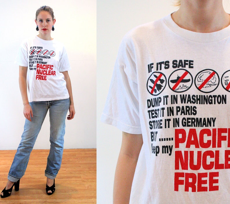 80s Pacific Nuclear Free T-Shirt M, Vintage White Red Rare Environmental Activist Anti War Protest No Nukes No Dumping Political Tee, Medium image 1