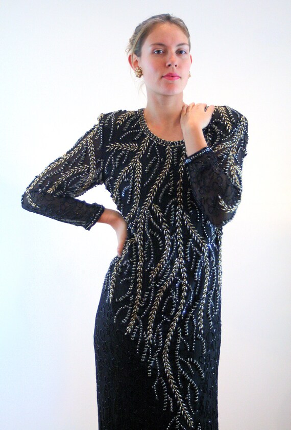 80s Silk Beaded Dress M, Vintage Black Sequin Pea… - image 6