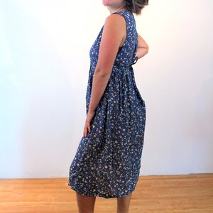 90s Floral Sundress M, Vintage Blue Rayon Erika Petites Sleeveless Boho Casual Summer Midi Dress, Medium image 4