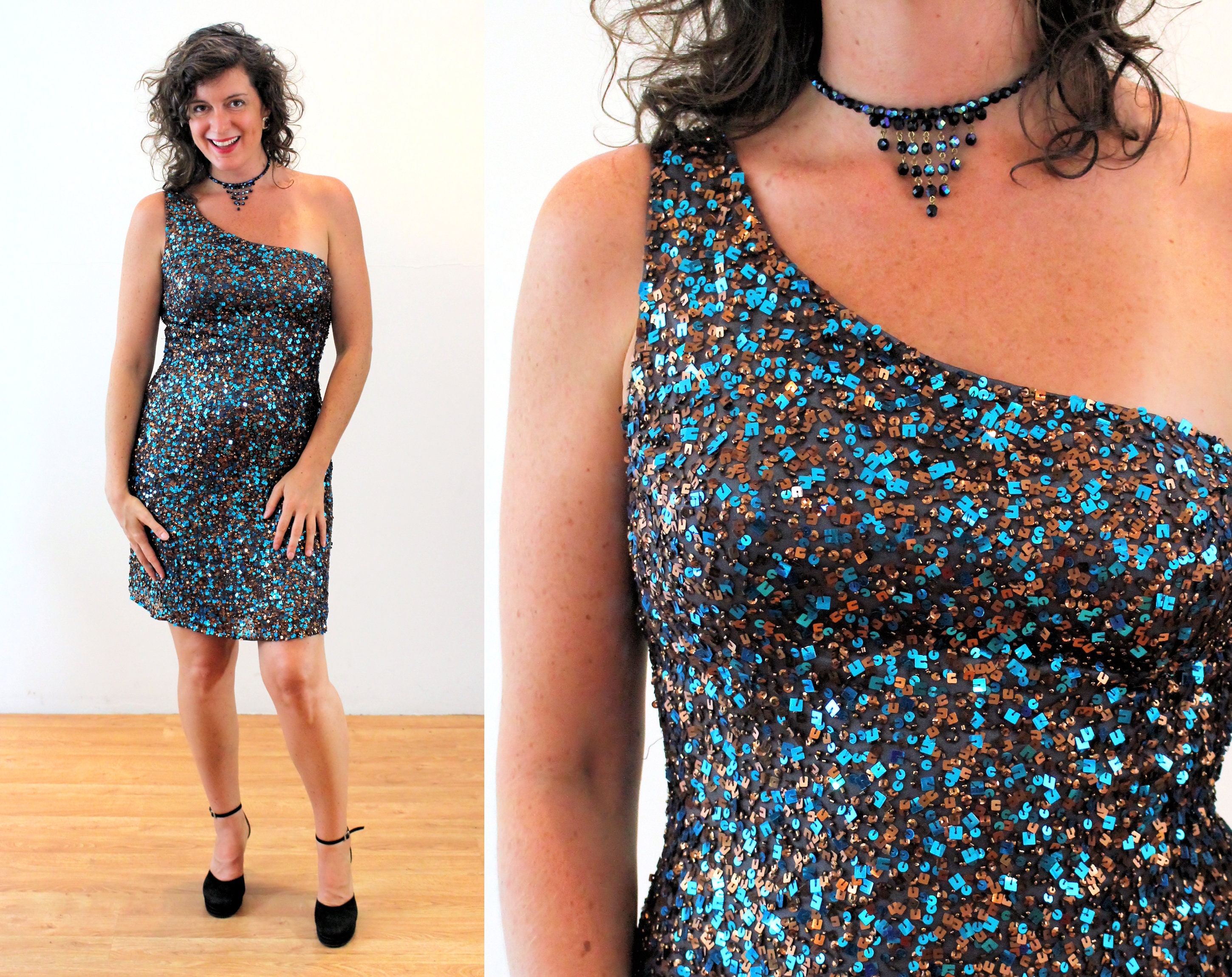 90s Scala Sequin One Shoulder Dress M 