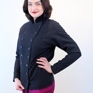 50s RARE Madeleine Casalino Jacket M, Vintage 1950s French Designer Black Wool with Fur Collar Paris Regency Double Breasted Coat, Medium