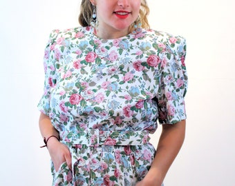 80s Floral Dress M, Vintage White Pink Green Satin Cute Romantic Puff Sleeve Roses Print &quot;VLP Petites&quot; Cottagecore Midi Dress, Medium