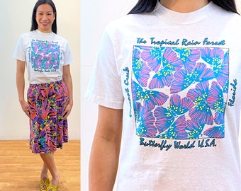 80s Butterfly World T-shirt S, Vintage White Teal Pink 100