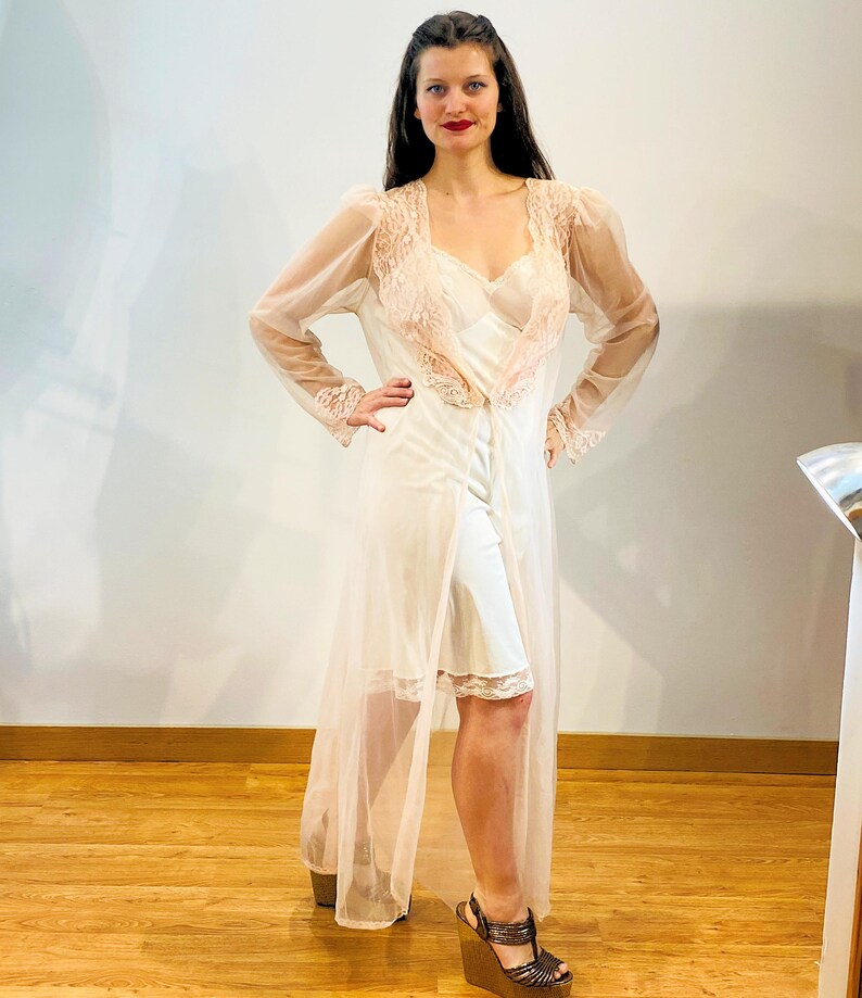 80s Val Mode Peach Peignoir Robe M, Vintage Sheer Chiffon Lace Lingerie ...