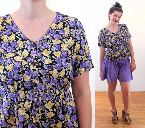 90s "Putumayo" India Blouse S, Vintage Purple Flo… - image 1