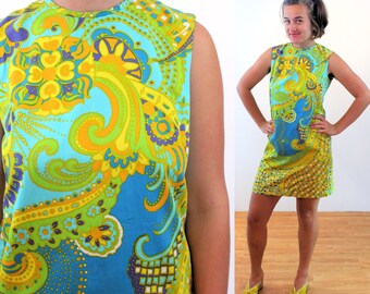 60s Mod Paisley Mini Dress M, Vintage Yellow Blue Psychedelic Print "Loungees" Retro 1960s Sleeveless Summer Shift, Medium